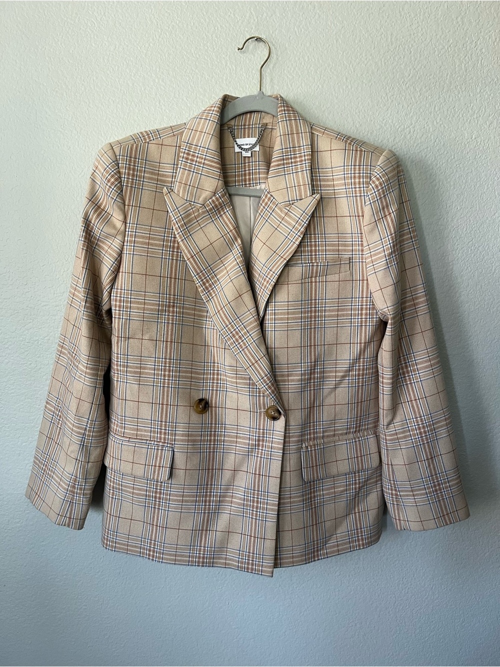 Revolve Song of Style Ansley Dual Breast Blazer Camel Multi Check Women Size S/M
